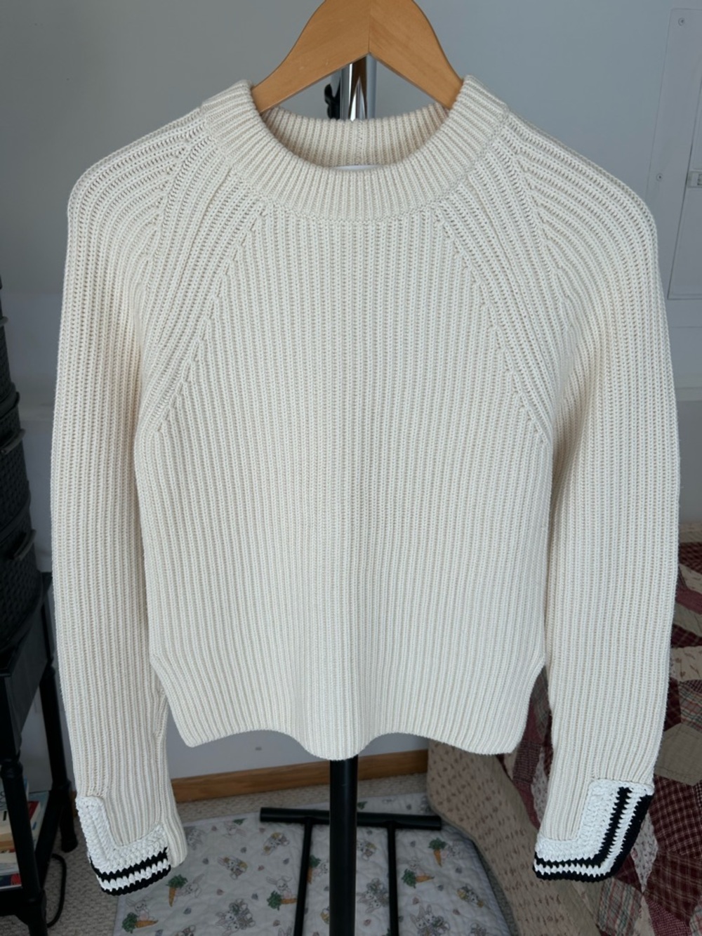 Helmut Lang Ribbed Knit Crewneck Pullover Sweater Cream Crochet Cuffs